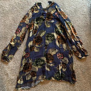 Blue floral A-line long sleeved dress